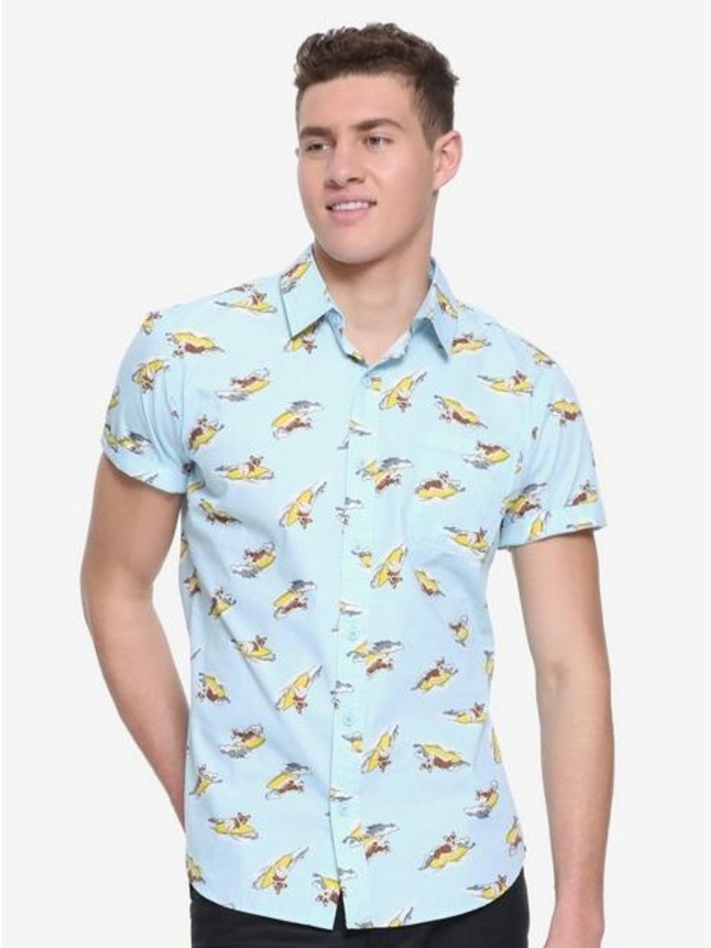 RUDE Pale Blue Short Sleeve Surfing Dog Print Button-Up Shirt